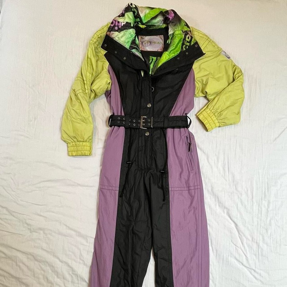 1980s Ski Suit Snowsuit by HEAD‎ belted in purple, black, yellow green size M - Picture 6 of 8